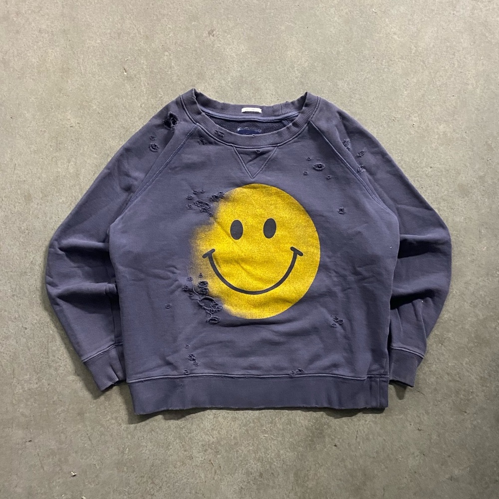 MOTHER Distressed Smiley Face Graphic Sweatshirt